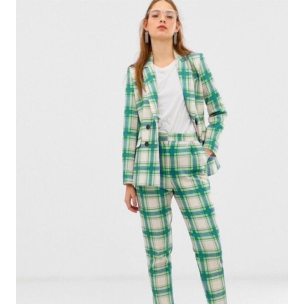 Asos Green Indigo Ivory Plaid Clueless Blazer Sz 6 Preppy Academia Colorful NWOT